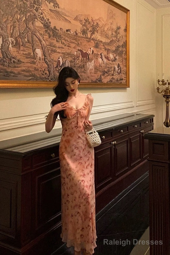 Sexy Sheath Straps Pink Floral Chiffon Ruffles Prom Dresses Birthday Outfits Evening Gown