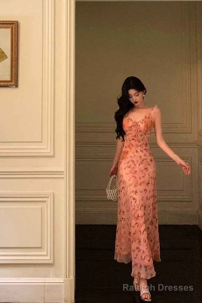 Sexy Sheath Straps Pink Floral Chiffon Ruffles Prom Dresses Birthday Outfits Evening Gown