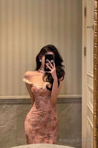 Sexy Sheath Straps Pink Floral Prom Dresses Long Birthday Outfits Evening Gown