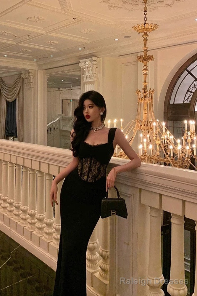 Sheath Straps Sleeveless Black Ankle Length Lace Prom Dress Birthday Outfits