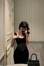 Sexy Sheath Straps Sleeveless Black Ankle Length Lace Prom Dresses Birthday Outfits