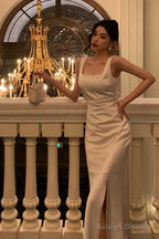 Sexy Sheath Straps White Slit Prom Dresses Birthday Outfits Evening Gown Party Dress