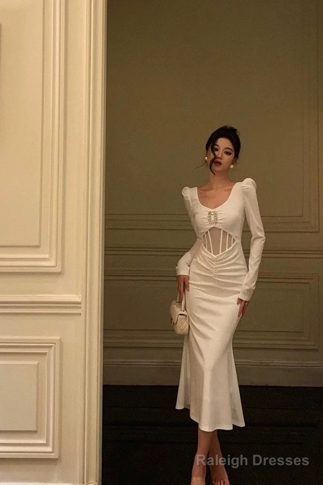 Sexy Sheath U Neckline White Long Sleeves Prom Dresses Birthday Dress