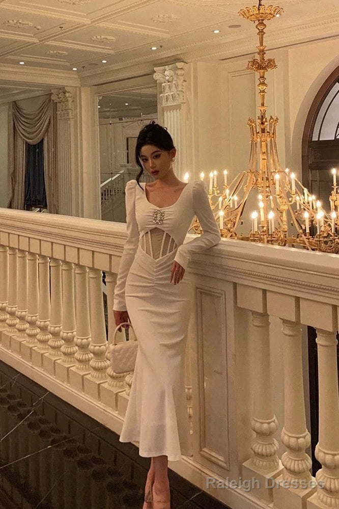 Sexy Sheath U Neckline White Long Sleeves Prom Dresses Birthday Dress