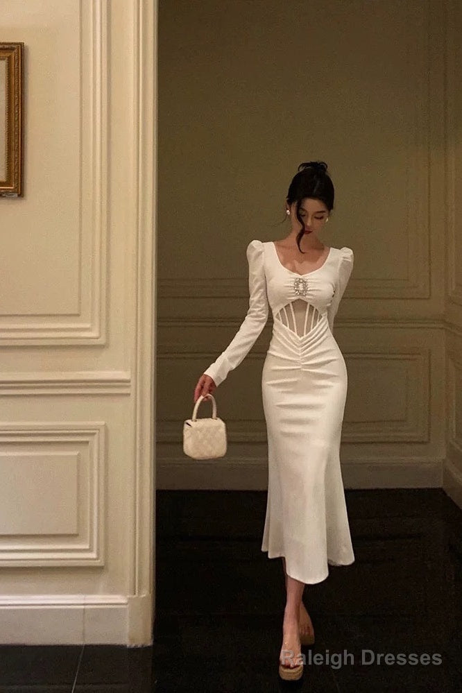 Sexy Sheath U Neckline White Long Sleeves Prom Dresses Birthday Dress