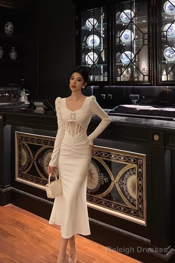 Sexy Sheath U Neckline White Long Sleeves Prom Dresses Birthday Dress Main image