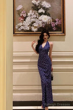 Sexy Sheath V Neckline Floral Blue Prom Dresses Birthday Outfits Evening Gown