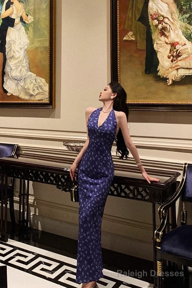 Sexy Sheath V Neckline Floral Blue Prom Dresses Birthday Outfits Evening Gown