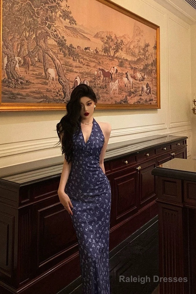 Sexy Sheath V Neckline Floral Blue Prom Dresses Birthday Outfits Evening Gown