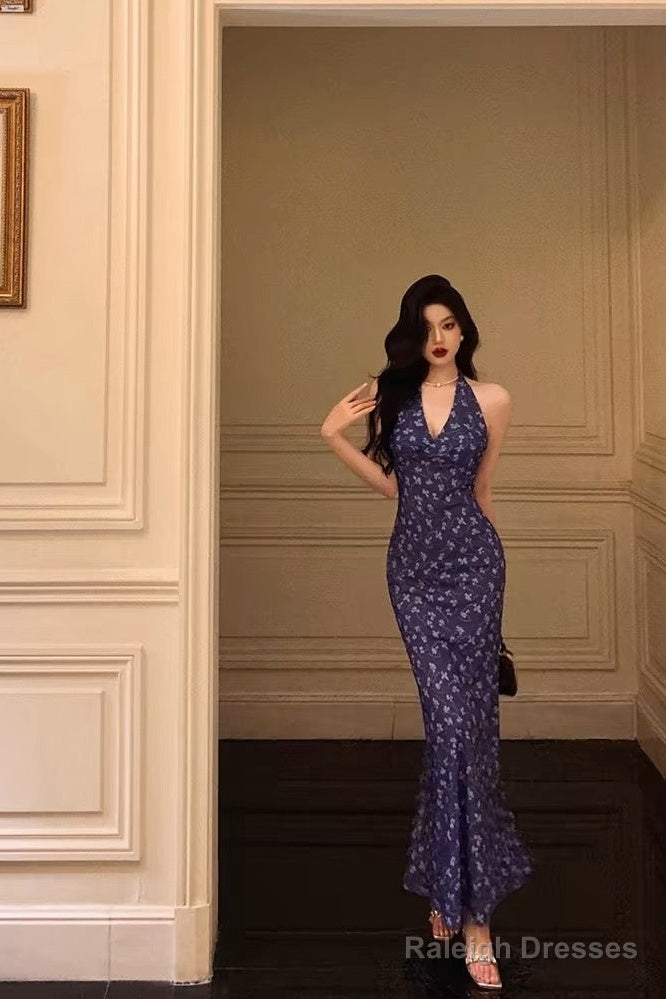 Sexy Sheath V Neckline Floral Blue Prom Dresses Birthday Outfits Evening Gown