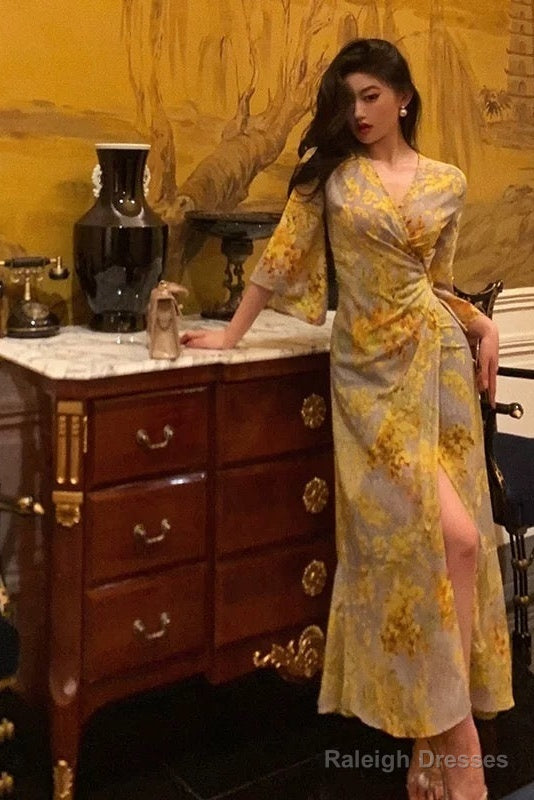 Sexy Sheath V Neckline Floral Yellow Slit Prom Dresses Birthday Outfits Evening Gown