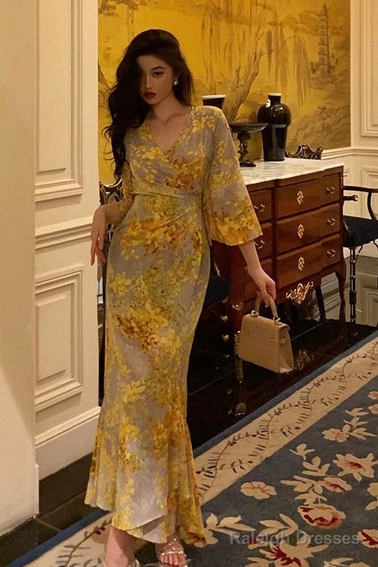 Sexy Sheath V Neckline Floral Yellow Slit Prom Dresses Birthday Outfits Evening Gown