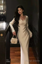 Sexy Sheath V Neckline Ivory Long Prom Dresses Birthday Outfits Evening Gown