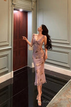 Sexy Sheath V Neckline Lilac Floral Satin Prom Dresses Birthday Outfits Evening Gown