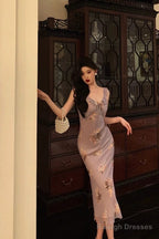 Sexy Sheath V Neckline Lilac Floral Satin Prom Dresses Birthday Outfits Evening Gown