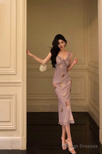 Sexy Sheath V Neckline Lilac Floral Satin Prom Dresses Birthday Outfits Evening Gown