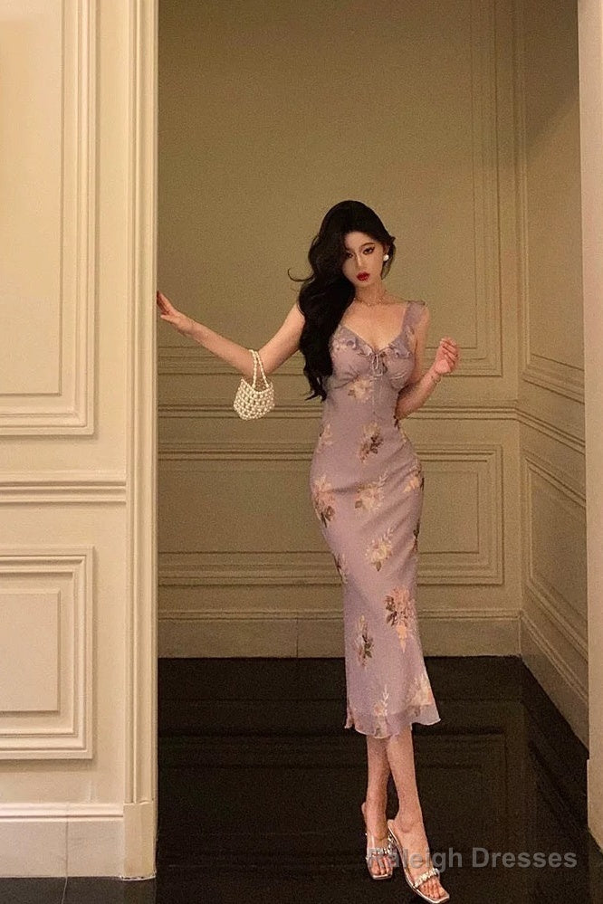 Sexy Sheath V Neckline Lilac Floral Satin Prom Dresses Birthday Outfits Evening Gown