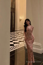 Sexy Sheath V Neckline Long Pink Floral Prom Dresses Birthday Outfits Evening Gown