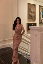 Sexy Sheath V Neckline Long Pink Floral Prom Dresses Birthday Outfits Evening Gown