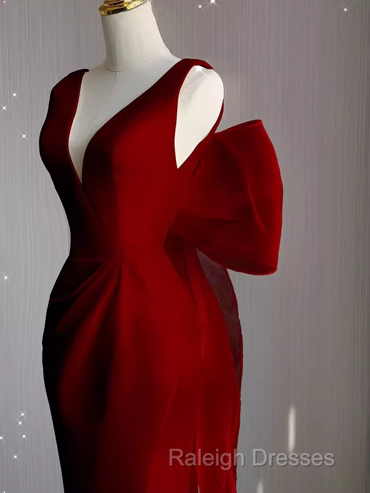 Sexy Sheath V Neckline Long Senior Red Prom Dress Formal Dress
