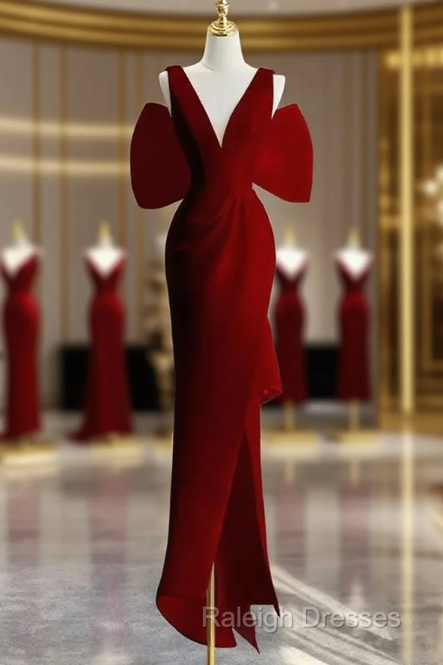 Sexy Sheath V Neckline Long Senior Red Prom Dress Formal Dress Main image