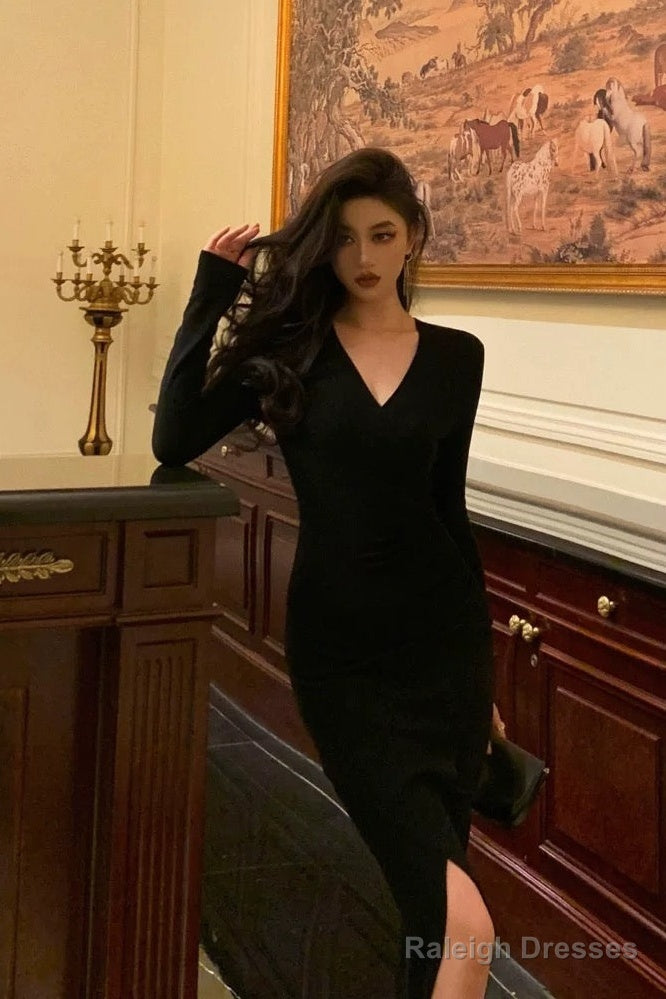 Sexy Sheath V Neckline Long Sleeves Black Slit Prom Dresses Birthday Outfits