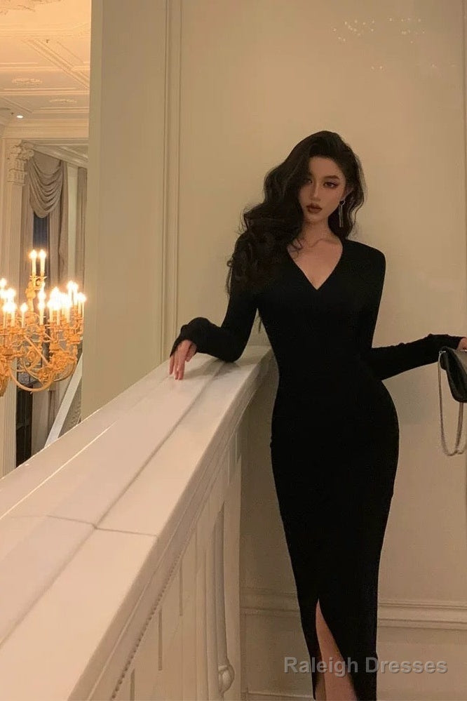 Sexy Sheath V Neckline Long Sleeves Black Slit Prom Dresses Birthday Outfits
