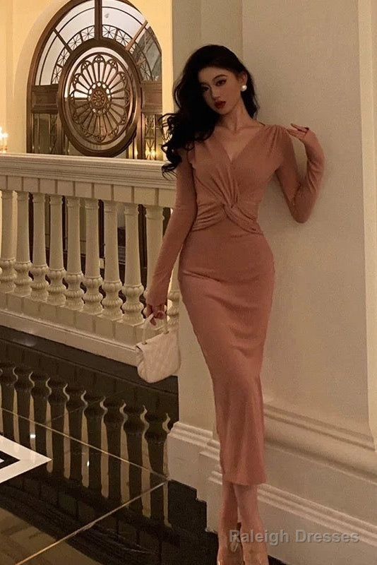 Sexy Sheath V Neckline Pink Pleated Prom Dresses Birthday Outfits Evening Gown