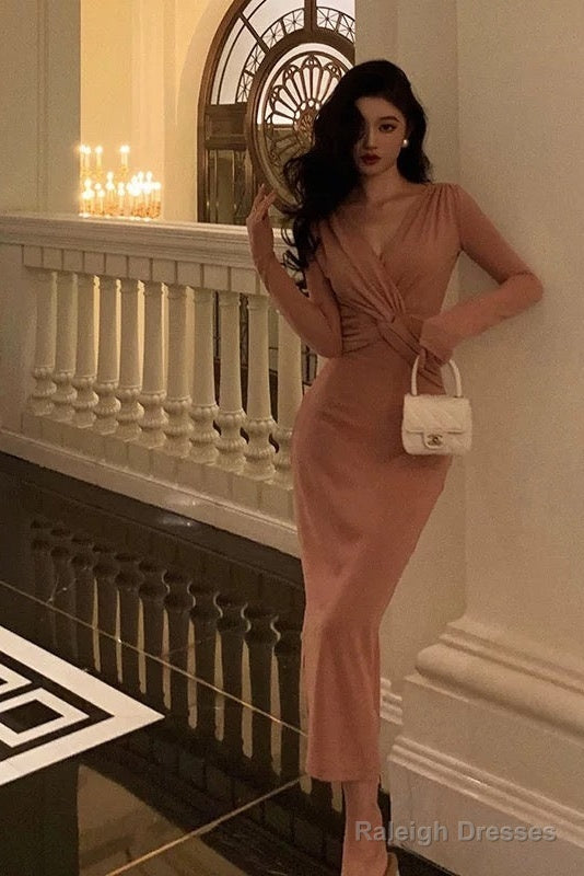 Sexy Sheath V Neckline Pink Pleated Prom Dresses Birthday Outfits Evening Gown