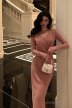 Sexy Sheath V Neckline Pink Pleated Prom Dresses Birthday Outfits Evening Gown