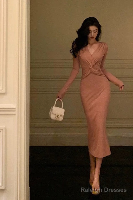 Sexy Sheath V Neckline Pink Pleated Prom Dresses Birthday Outfits Evening Gown Main image