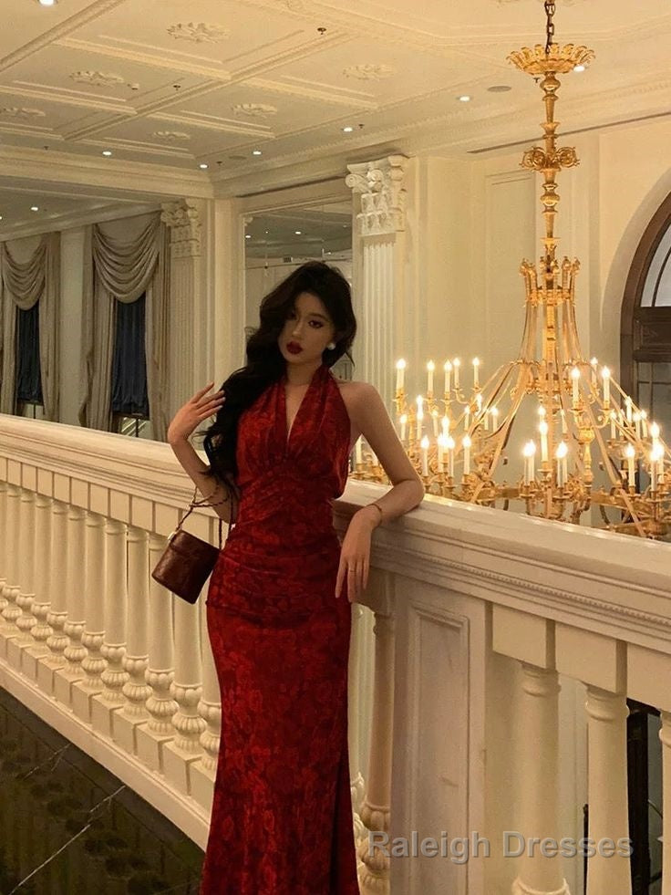 Sexy Sheath V Neckline Red Floral Ankle Length Prom Dresses Birthday Dress Secondary image