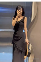 Sexy Sheath V Neckline Ruffled Black Chiffon Beach Dress WomenS Vacation Dresses