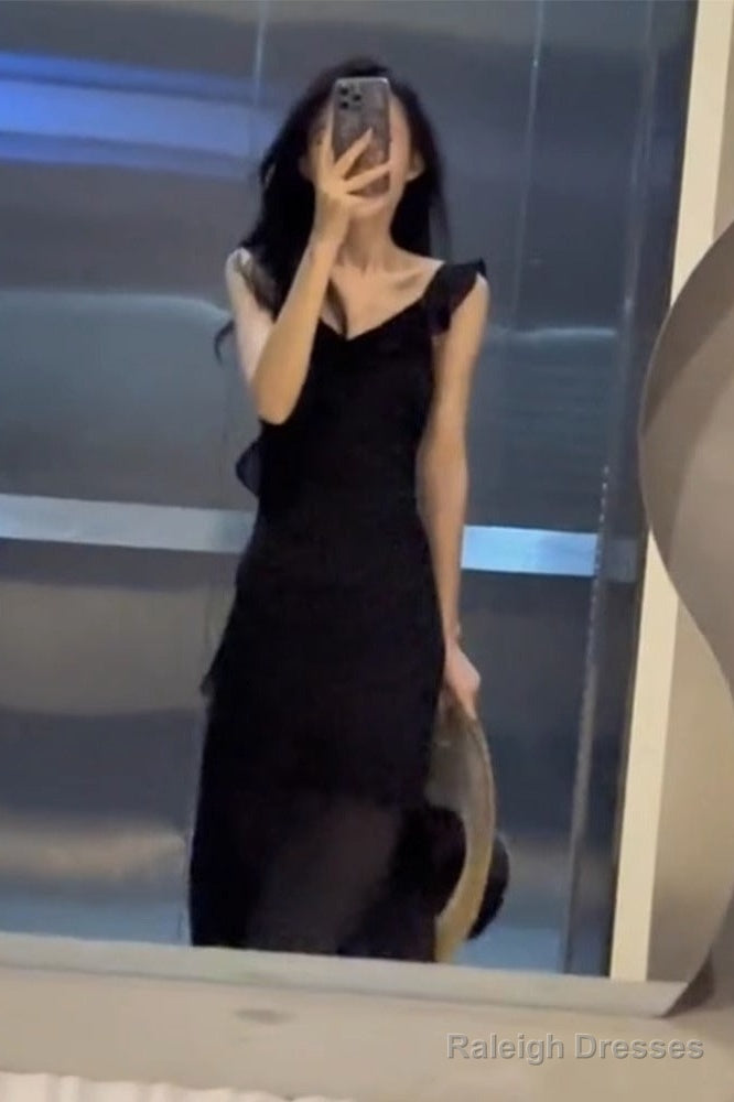 Sexy Sheath V Neckline Ruffled Black Chiffon Beach Dress WomenS Vacation Dresses Main image