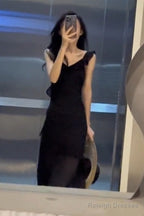 Sexy Sheath V Neckline Ruffled Black Chiffon Beach Dress WomenS Vacation Dresses