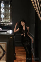 Sexy Sheath V Neckline Sleeveless Black Sequin Prom Dresses Birthday Outfits