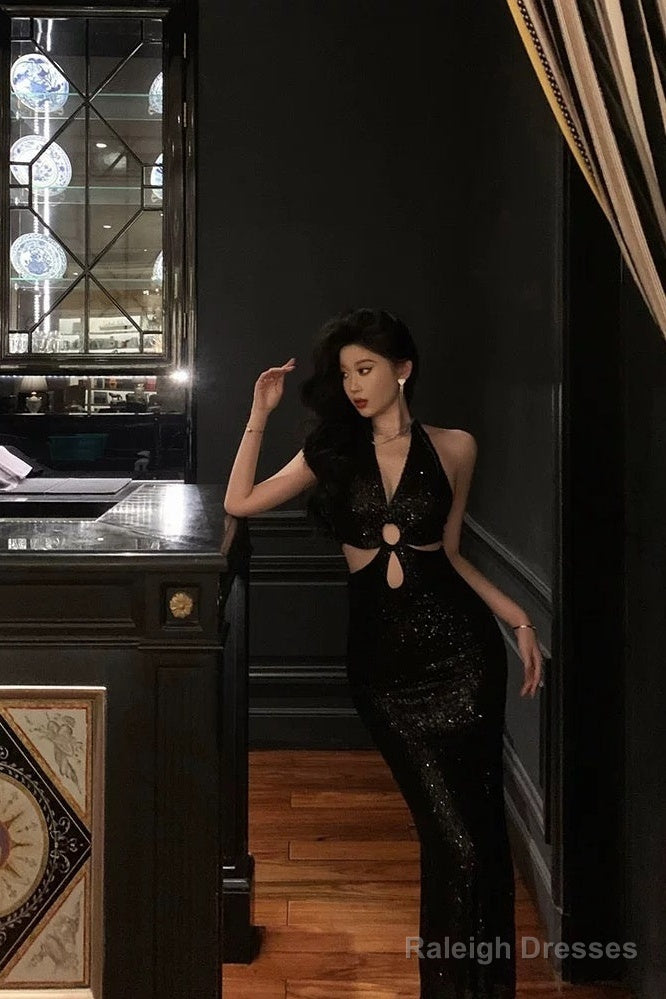 Sexy Sheath V Neckline Sleeveless Black Sequin Prom Dresses Birthday Outfits