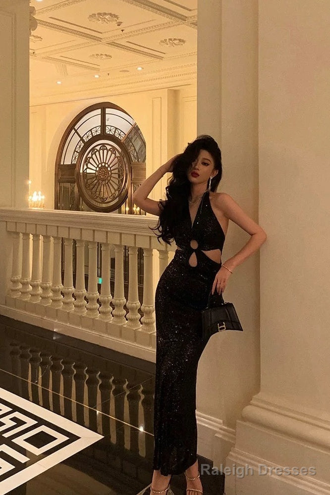 Sexy Sheath V Neckline Sleeveless Black Sequin Prom Dresses Birthday Outfits