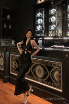 Sexy Sheath V Neckline Sleeveless Black Sequin Prom Dresses Birthday Outfits