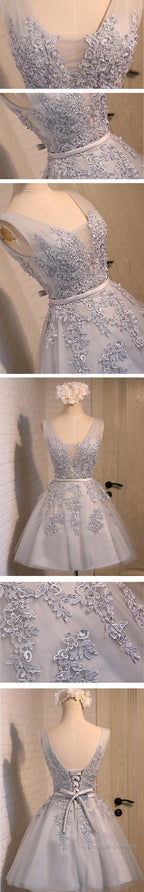Sexy Short A-Line Deep V Neck V-Back Sleeveless Lace Up Back Organza Appliques Homecoming  Dress
