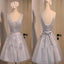 Short A-Line Deep V Neck V-Back Sleeveless Lace Up Back Organza Appliques Homecoming Dresses