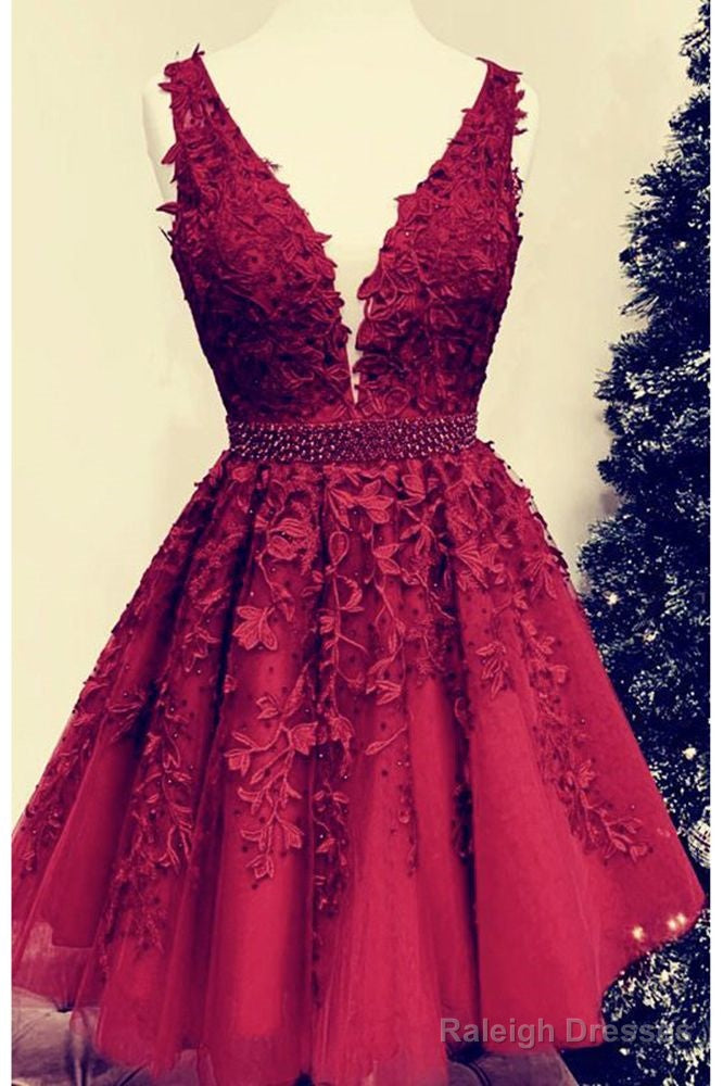 Sexy Short V-Neck Red Lace Prom Dresses Cheap Party Dress
