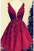 Short V-Neck Red Lace Prom Dress Cheap Prom Dresses
