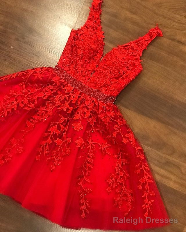 Short V-Neck Red Lace Prom Dress Cheap Prom Dresses Main image