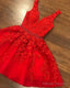 Short V-Neck Red Lace Prom Dress Cheap Prom Dresses