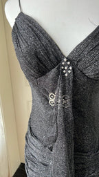 Sexy Silver-Black Mermaid Ruffled Deep V Halter Shimmering Long Formal Prom Dress