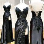 Mermaid Spaghetti Strap Sleeveless Long Split Prom Dresses With Embroidered