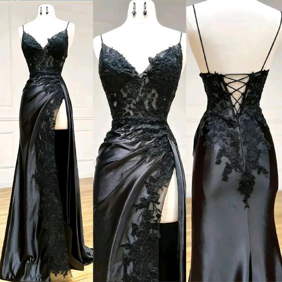 Mermaid Spaghetti Strap Sleeveless Long Split Prom Dresses With Embroidered