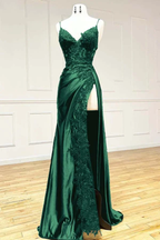 Mermaid Spaghetti Strap Sleeveless Long Split Prom Dresses With Embroidered
