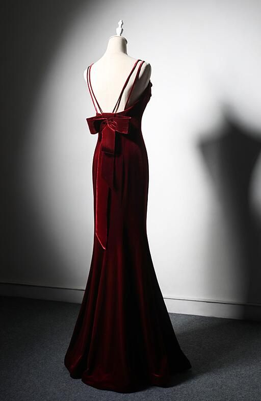 Elegant Burgundy Spaghetti Straps Velvet Mermaid Prom Dresses Prom Dresses